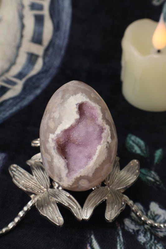 Lavender Purple Blossoms Agate Egg with Dragonfly Base- 143.3g