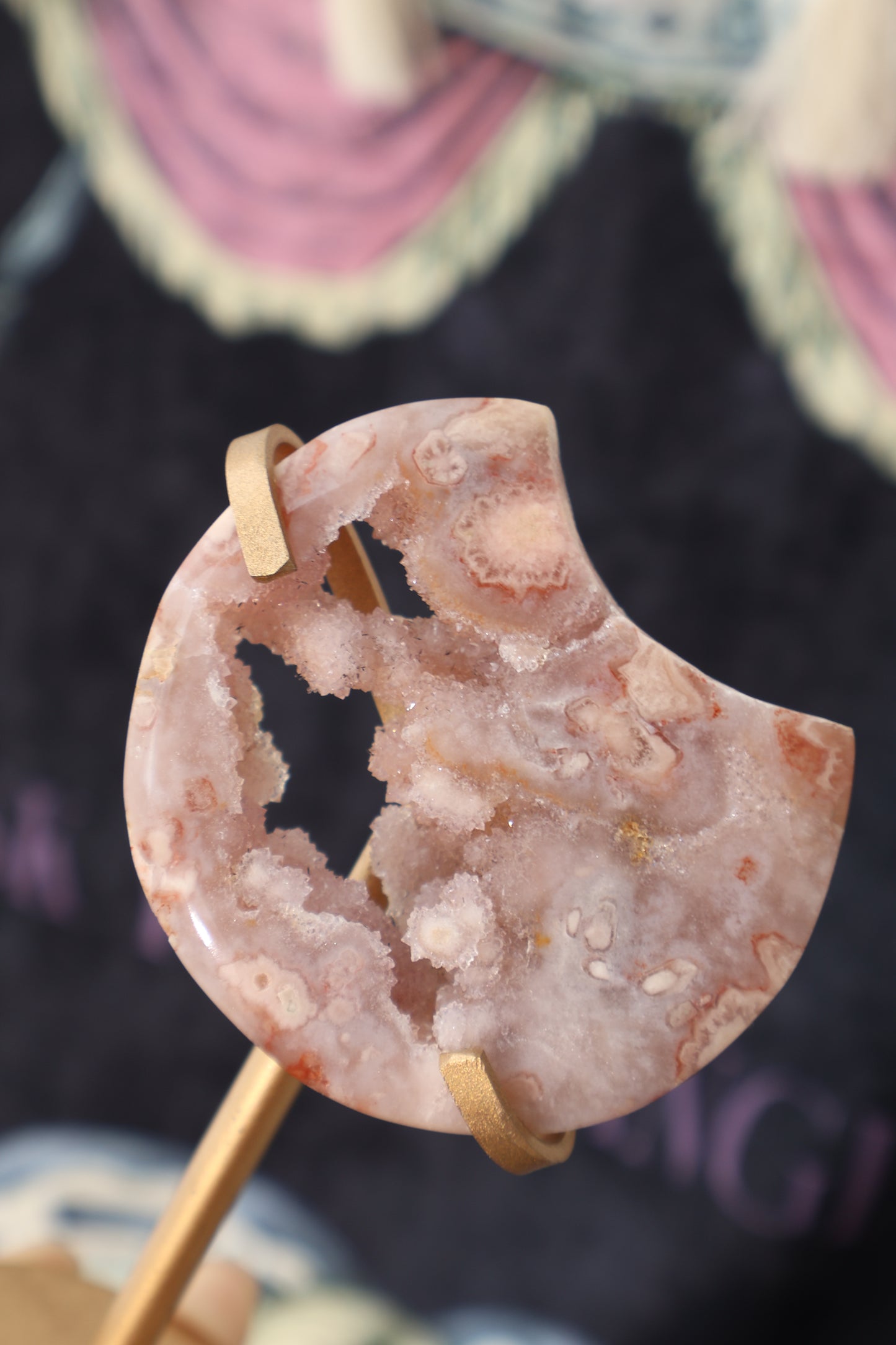 Pink & Purple Flower Agate Moon with Metal Base - 82g