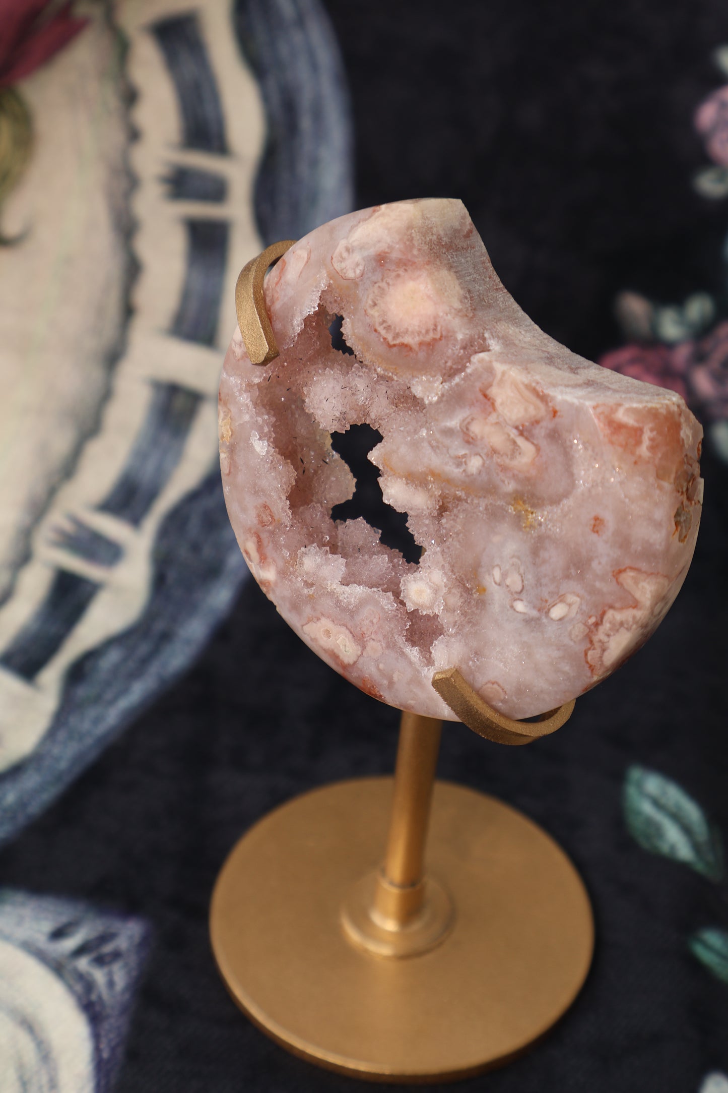 Pink & Purple Flower Agate Moon with Metal Base - 82g